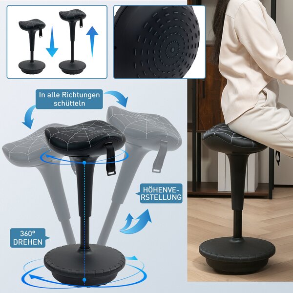 Vinsetto ergonomická otočná sedlová stolička — výškově nastavitelná 65,5–83,5 cm, náklon 120°, protiskluzová, černá | Aosom