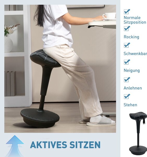 Vinsetto ergonomická otočná sedlová stolička — výškově nastavitelná 65,5–83,5 cm, náklon 120°, protiskluzová, černá | Aosom