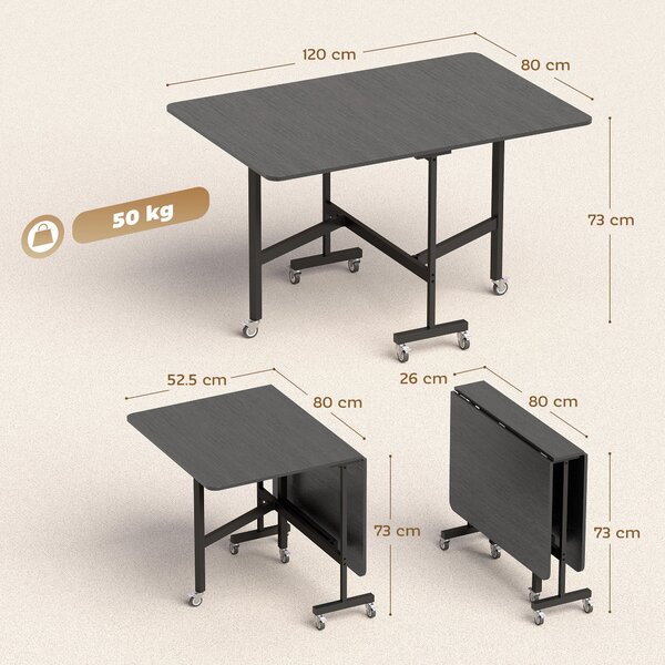 HOMCOM skládací jídelní stůl pro 4–6 osob s kolečky a sklápěcími deskami, černý, 120×80×73 cm | Aosom