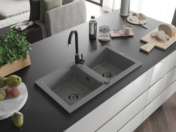Mexen Mario, granitový dřez 820x436x161 mm, 2-komorový, šedá s černým sifonem, 6504822000-71-B