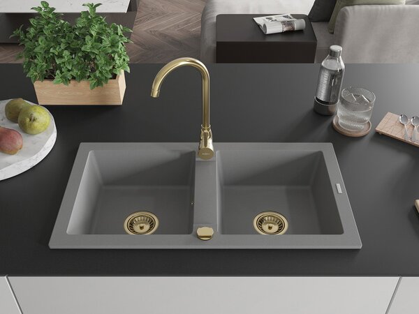 Mexen Mario, granitový dřez 820x436x161 mm, 2-komorový, šedá se zlatým sifonem, 6504822000-71-G