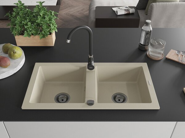 Mexen Mario, granitový dřez 820x436x161 mm, 2-komorový, béžová s černým sifonem, 6504822000-69-B