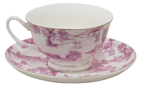 Bílo-růžový porcelánový šálek s podšálkem ok – 12x10x6 cm