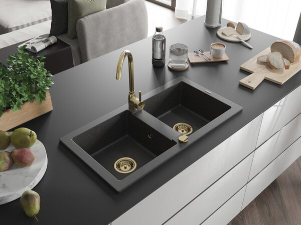Mexen Mario, granitový dřez 820x436x161 mm, 2-komorový, černá skvrnitá se zlatým sifonem, 6504822000-76-G