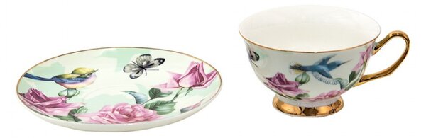 Porcelánový šálek s podšálkem s květy a ptáčky Paien – 12x10x6 cm