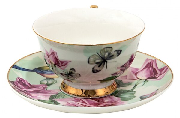 Porcelánový šálek s podšálkem s květy a ptáčky Paien – 12x10x6 cm