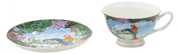 Porcelánový šálek s podšálkem s papoušky Papagai – 12x10x6 cm