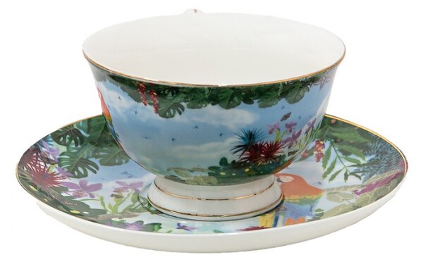 Porcelánový šálek s podšálkem s papoušky Papagai – 12x10x6 cm