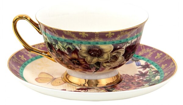 Porcelánový šálek s podšálkem s květy a motýlky – 12x10x6 cm