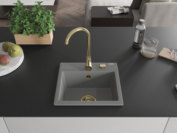 Mexen Milo, granitový dřez 435x410x171 mm, 1-komorový, šedá se zlatým sifonem, 6505441000-71-G