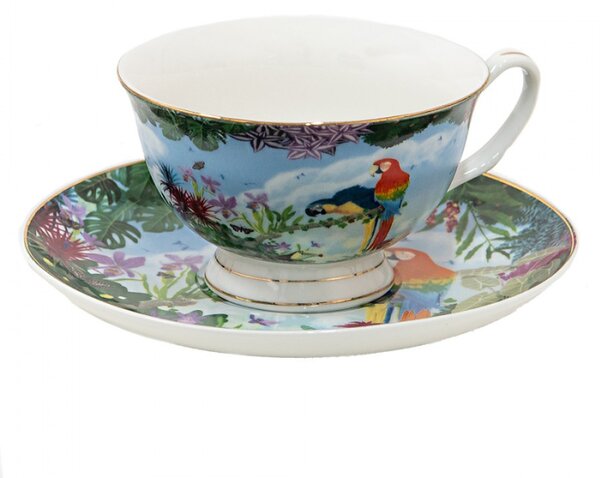 Porcelánový šálek s podšálkem s papoušky Papagai – 12x10x6 cm