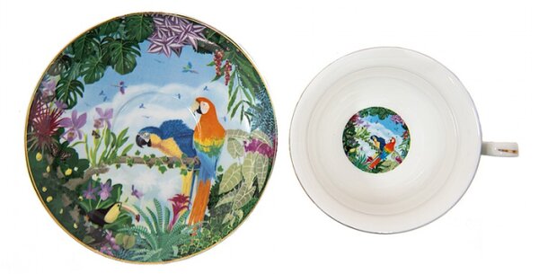 Porcelánový šálek s podšálkem s papoušky Papagai – 12x10x6 cm