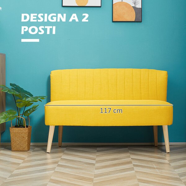 HOMCOM dvoumístná pohovka bez područek s dekorativním prošíváním — čalouněná, úsporná moderní pohovka s nohami z kaučukového dřeva, 117 x 56,5 x 77 cm