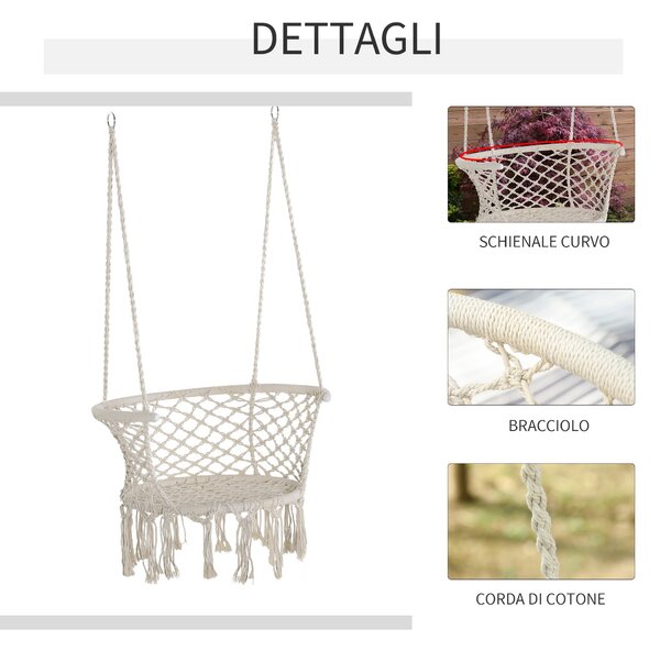 Outsunny Boho Chic Styl Zahradní Houpací Síť, Polyester a Makramé Zavěšené Křeslo pro Vnitřní a Venkovní Použití, Krémové, 80x60x36cm | Aosom