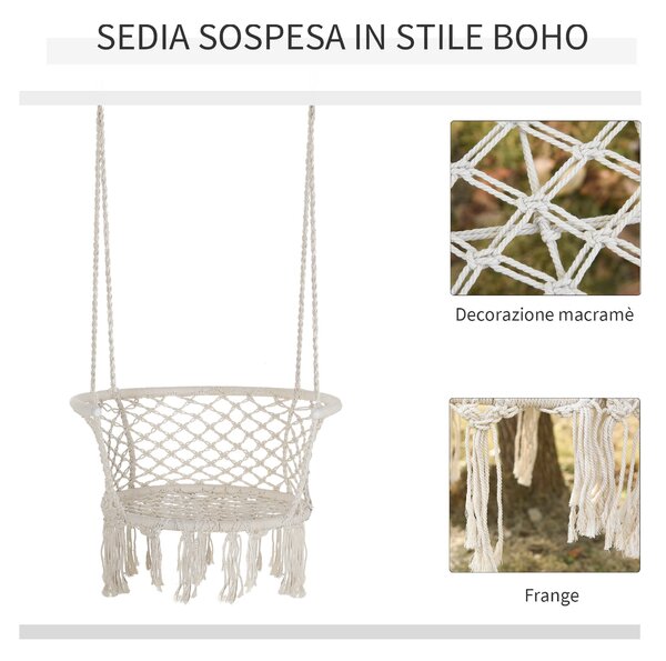 Outsunny Boho Chic Styl Zahradní Houpací Síť, Polyester a Makramé Zavěšené Křeslo pro Vnitřní a Venkovní Použití, Krémové, 80x60x36cm | Aosom