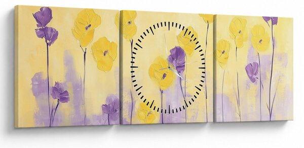 Obraz - Fialové a žluté kvítky (s hodinami) (90x30 cm)