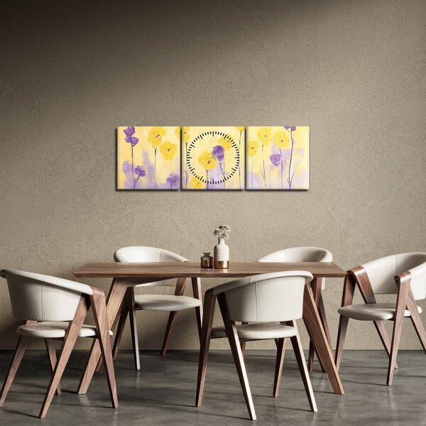 Obraz - Fialové a žluté kvítky (s hodinami) (90x30 cm)