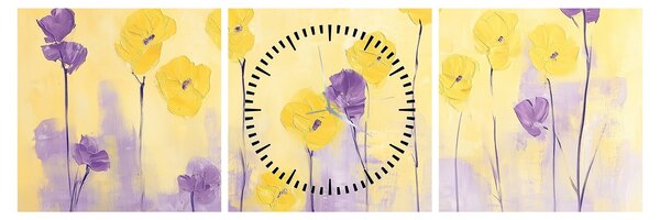 Obraz - Fialové a žluté kvítky (s hodinami) (90x30 cm)
