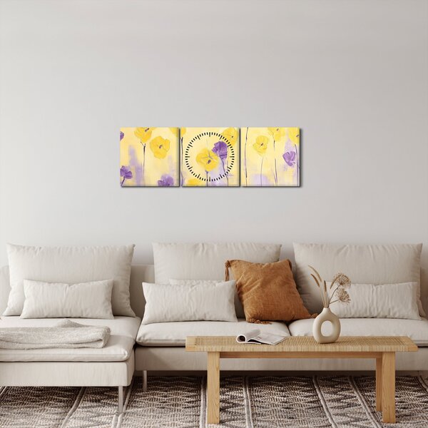 Obraz - Fialové a žluté kvítky (s hodinami) (90x30 cm)