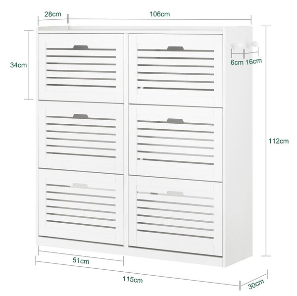 Sobuy Fsr145-W Botník Se 6 Klopami Botník Se 2 Háčky Sklápěč Bot S 12 Policemi Bílá 115X112X30Cm