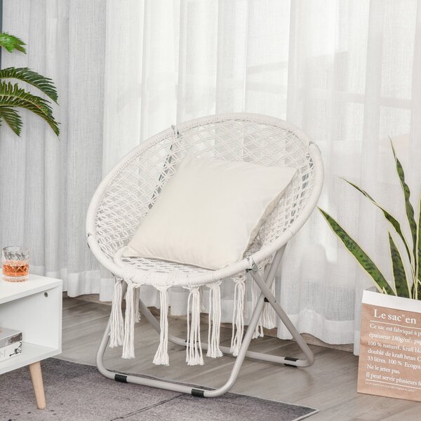 Outsunny Závěsné křeslo kulaté zahradní měsíční křeslo papasan sklopné s vysokým komfortem macrame bavlna polyester béžové | Aosom