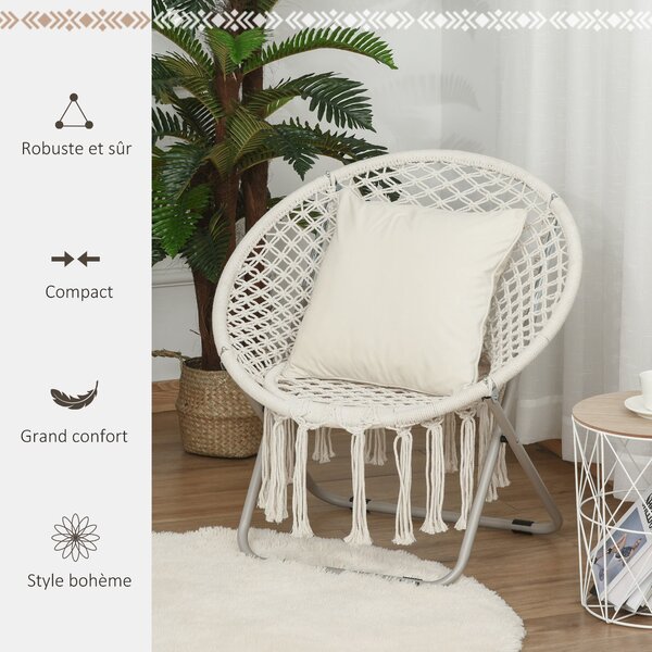 Outsunny Závěsné křeslo kulaté zahradní měsíční křeslo papasan sklopné s vysokým komfortem macrame bavlna polyester béžové | Aosom