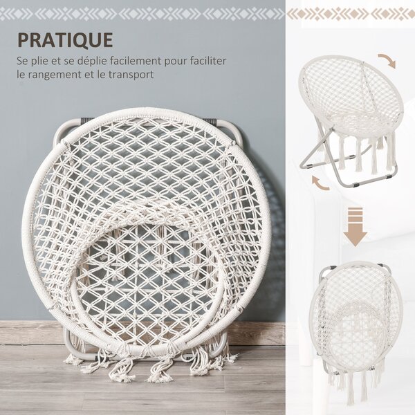 Outsunny Závěsné křeslo kulaté zahradní měsíční křeslo papasan sklopné s vysokým komfortem macrame bavlna polyester béžové | Aosom