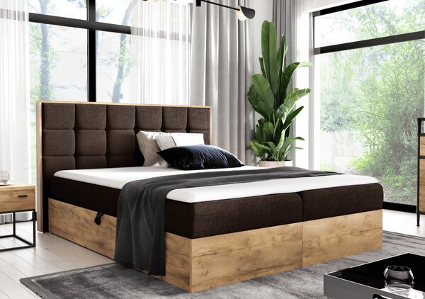 KONDELA Boxspringová postel, 160x200, hnědá látka Paros/dub lancelot, WOOD 1
