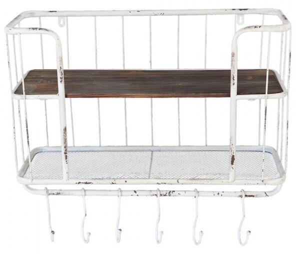 Bílá závěsná polička s háčky a patinou – 60x23x51 cm