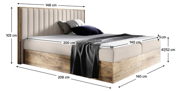 KONDELA Boxspringová postel, 140x200, béžová látka Paros/dub lancelot, WOOD 4