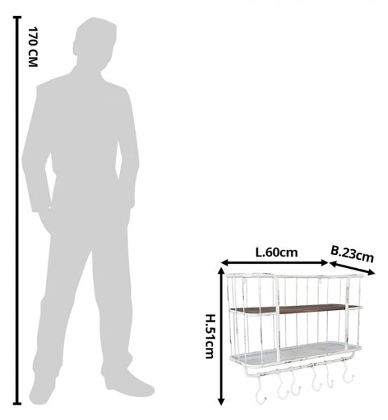 Bílá závěsná polička s háčky a patinou – 60x23x51 cm