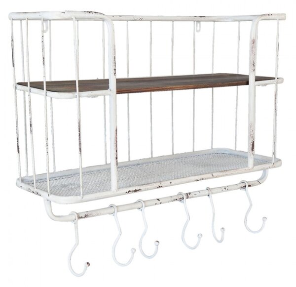 Bílá závěsná polička s háčky a patinou – 60x23x51 cm