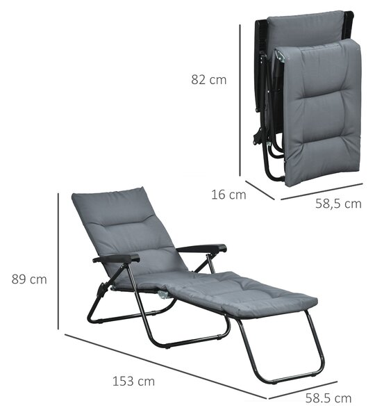 Skládací sluneční lehátko Outsunny šedé s 6-polohovým nastavitelným opěradlem, matrace + opěrky na ruce, ocelový polyester | Aosom
