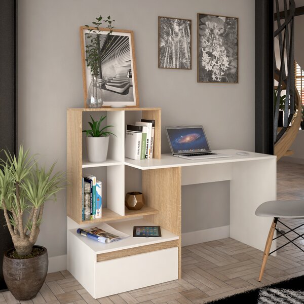 KONDELA PC stůl, bílá/dub sonoma, EROSS NEW