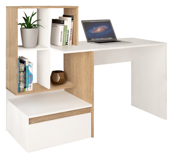 KONDELA PC stůl, bílá/dub sonoma, EROSS NEW