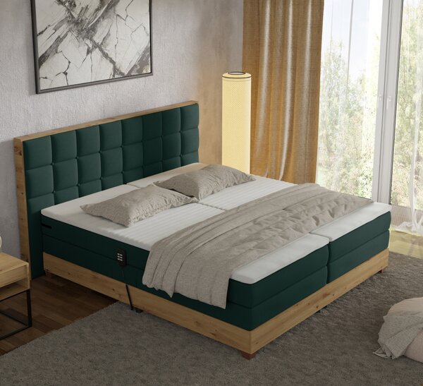 KONDELA Elektrická polohovací postel, boxspring, zelená/dub artisan, 160x200, TIANA