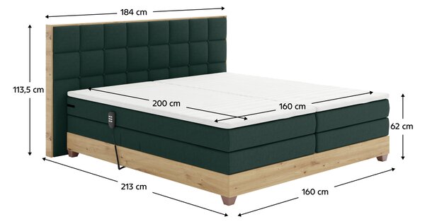 KONDELA Elektrická polohovací postel, boxspring, zelená/dub artisan, 160x200, TIANA
