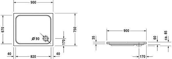 Duravit D-Code obdélníková sprchová vanička 90x75 cm bílá 720104000000000