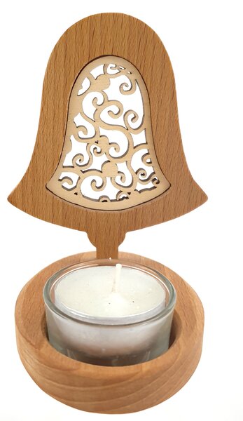AMADEA Dřevěný svícen zvonek s vkladem - ornament, masivní dřevo, výška 10 cm