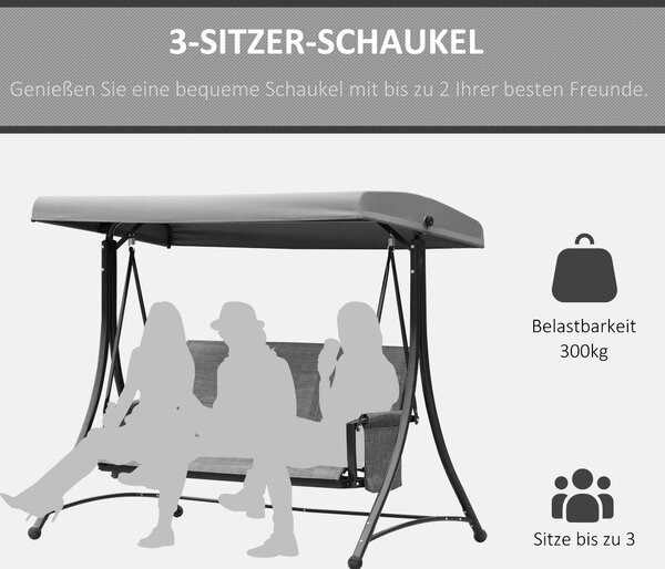 Outsunny Hollywoodský houpačka s bočními kapsami, 3-místná zahradní houpačka s nastavitelnou sluneční clonou, houpačková lavice s nosností až 300 kg