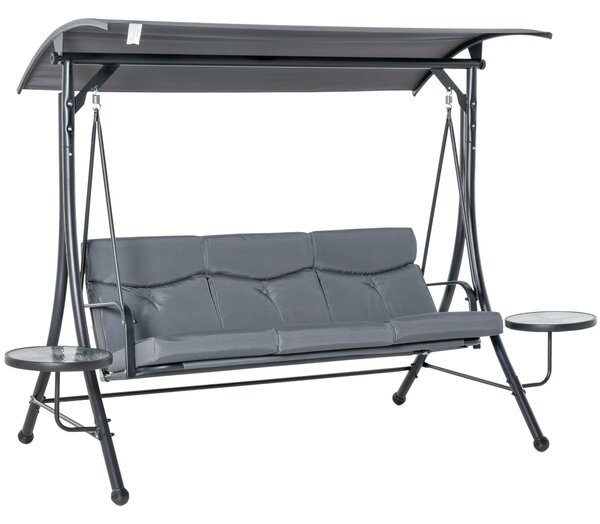 Outsunny Zahradní Houpací Lavice pro 3 osoby s Nastavitelnou Střechou a Skleněným Stolkem, Ocel, Polyester, Šedá+Černá, 271 x 125 x 177 cm | Aosom