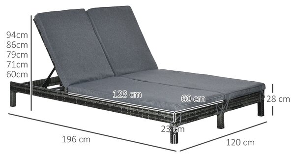 Outsunny Poly Rattan Dvojitý Lehátko - Zahradní Lehátko pro 2 Osoby s 5-stupňovým Nastavitelným Opěrátkem - Luxusní Lehátko - Kovový Rám - PE Ratan Še