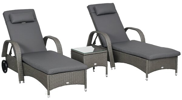 Outsunny Sluneční Lehátko Zahradní Lehátko Stůl 3-dílná Zahradní Nábytek Sada, Polyrattan + Kov Šedá + Tmavě šedá | Aosom