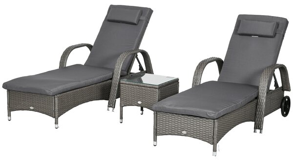 Outsunny Sluneční Lehátko Zahradní Lehátko Stůl 3-dílná Zahradní Nábytek Sada, Polyrattan + Kov Šedá + Tmavě šedá | Aosom