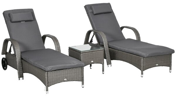 Outsunny Sluneční Lehátko Zahradní Lehátko Stůl 3-dílná Zahradní Nábytek Sada, Polyrattan + Kov Šedá + Tmavě šedá | Aosom