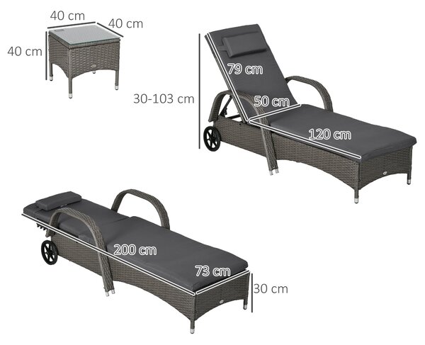 Outsunny Sluneční Lehátko Zahradní Lehátko Stůl 3-dílná Zahradní Nábytek Sada, Polyrattan + Kov Šedá + Tmavě šedá | Aosom