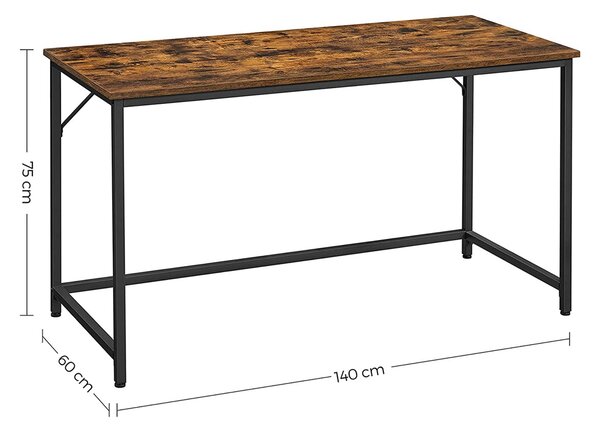Psací stůl s kovovým rámem, malý kancelářský stůl, 140 cm, rustikální hnědý