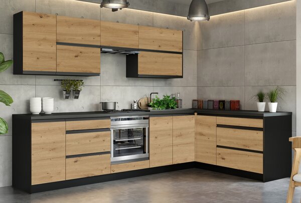 KONDELA Rohová univerzální kuchyňská linka 300x180, dub artisan/černá, BRECK