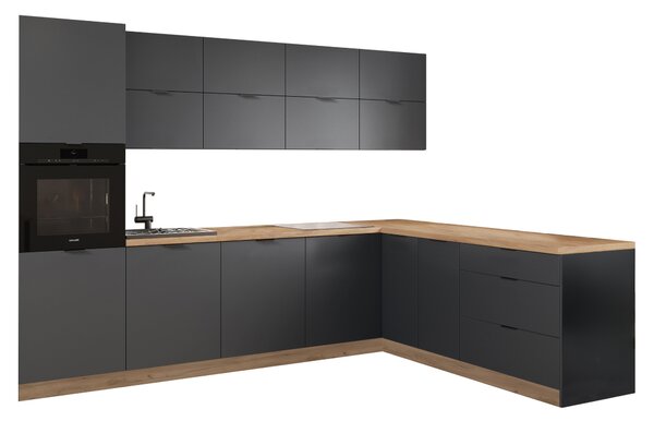 KONDELA Rohová univerzální kuchyňská linka, 300x220, grafit/dub craft, LAFT