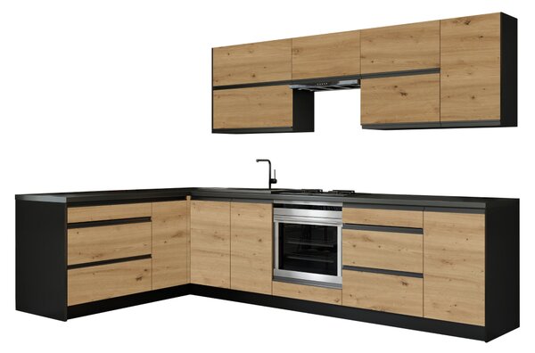 KONDELA Rohová univerzální kuchyňská linka 300x180, dub artisan/černá, BRECK
